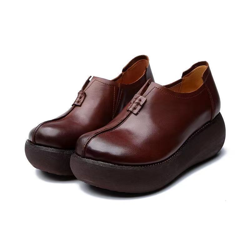 Women's Vintage Cowhide Wedge Platform Shoes Round Toe Soft Sole Slip-On Loafers