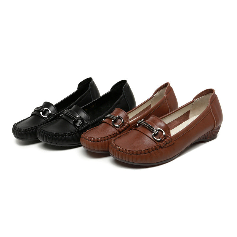 Women's Casual Leather Low Heel - Breathable Microfiber Lined Loafers