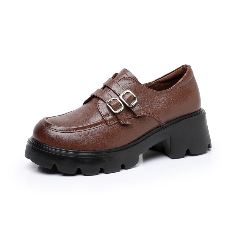 Women's Chunky Platform Loafers - Leather Shoes with EVA Outsole - Double Buckle Detail