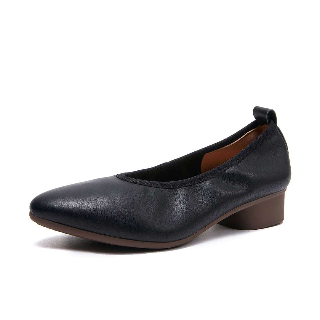 Women's Retro Leather Pumps Vintage Pointed Toe Slip-on Chunky Low Heels