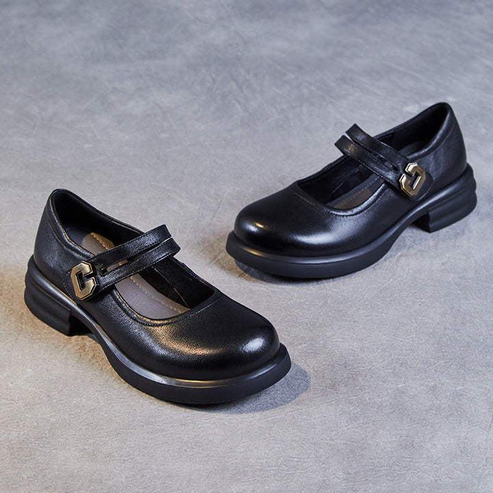 Women's Soft Leather Mary Janes – Round Toe Low Heel with Adjustable Velcro