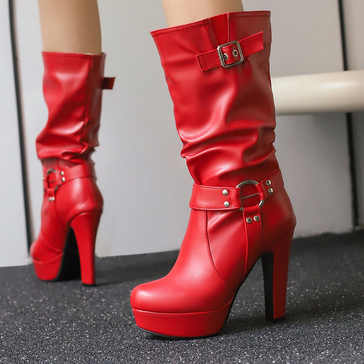 Womens Mid-Calf Round Toe Chunky High Heel Pull On Boots Plus Size Shoes