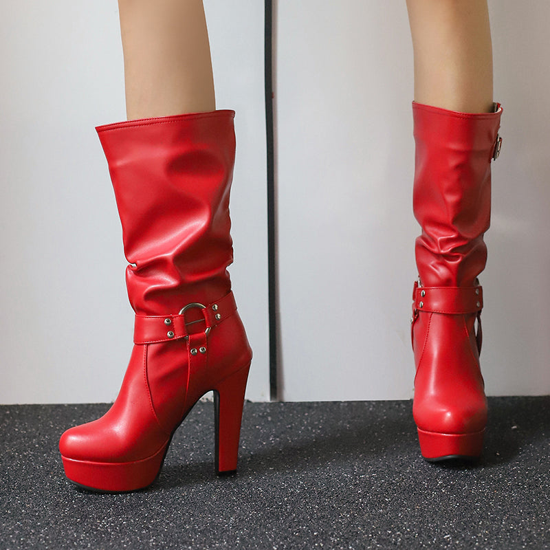 Womens Mid-Calf Round Toe Chunky High Heel Pull On Boots Plus Size Shoes