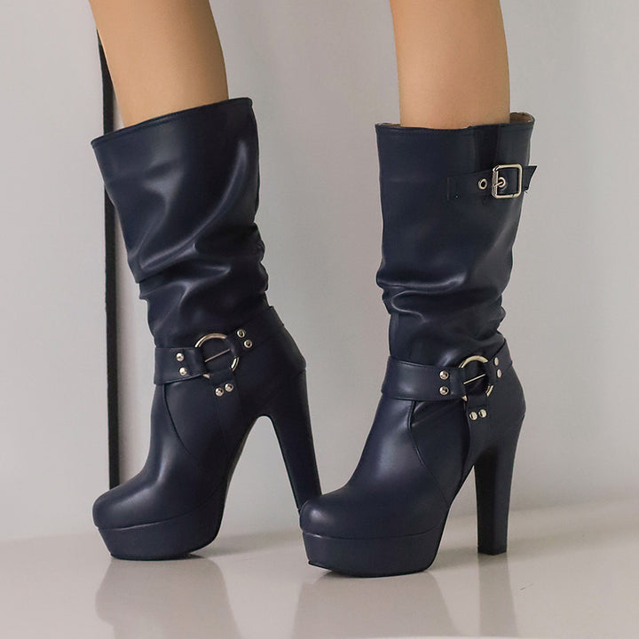 Womens Mid-Calf Round Toe Chunky High Heel Pull On Boots Plus Size Shoes