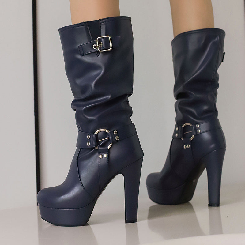 Womens Mid-Calf Round Toe Chunky High Heel Pull On Boots Plus Size Shoes