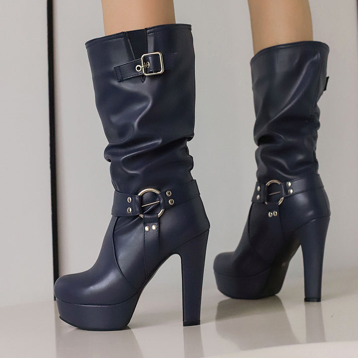 Womens Mid-Calf Round Toe Chunky High Heel Pull On Boots Plus Size Shoes