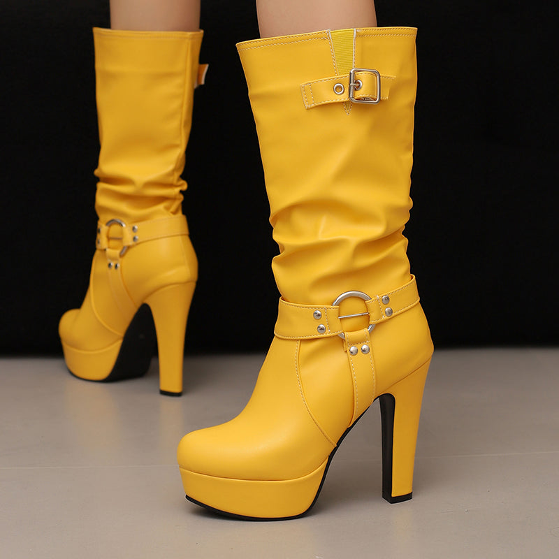 Womens Mid-Calf Round Toe Chunky High Heel Pull On Boots Plus Size Shoes
