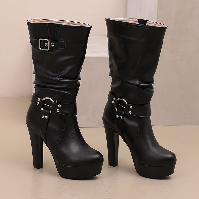 Womens Mid-Calf Round Toe Chunky High Heel Pull On Boots Plus Size Shoes
