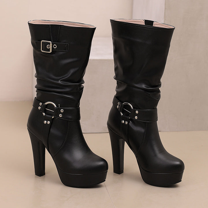 Womens Mid-Calf Round Toe Chunky High Heel Pull On Boots Plus Size Shoes