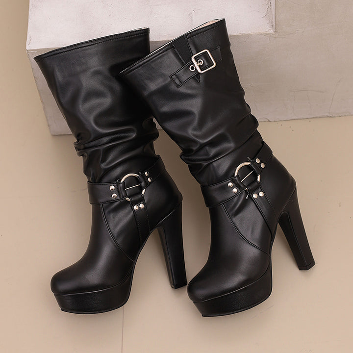 Womens Mid-Calf Round Toe Chunky High Heel Pull On Boots Plus Size Shoes