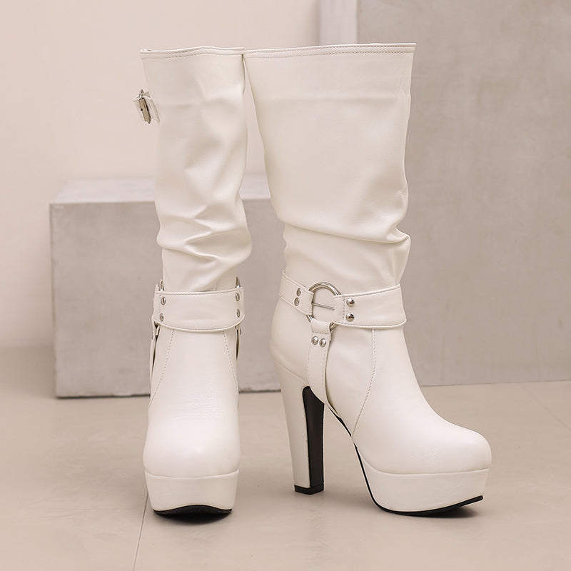Womens Mid-Calf Round Toe Chunky High Heel Pull On Boots Plus Size Shoes