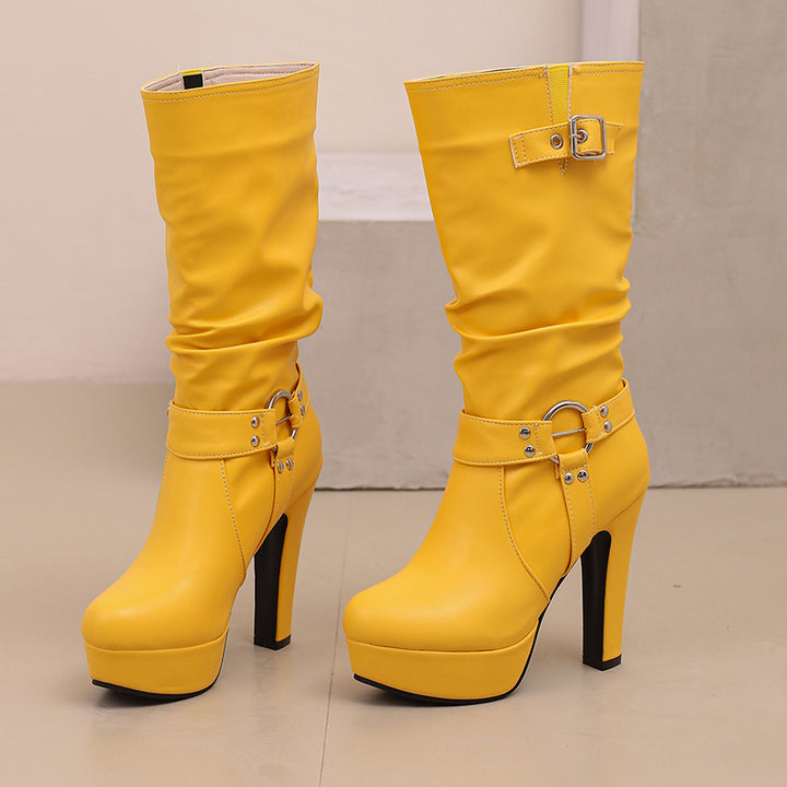 Womens Mid-Calf Round Toe Chunky High Heel Pull On Boots Plus Size Shoes