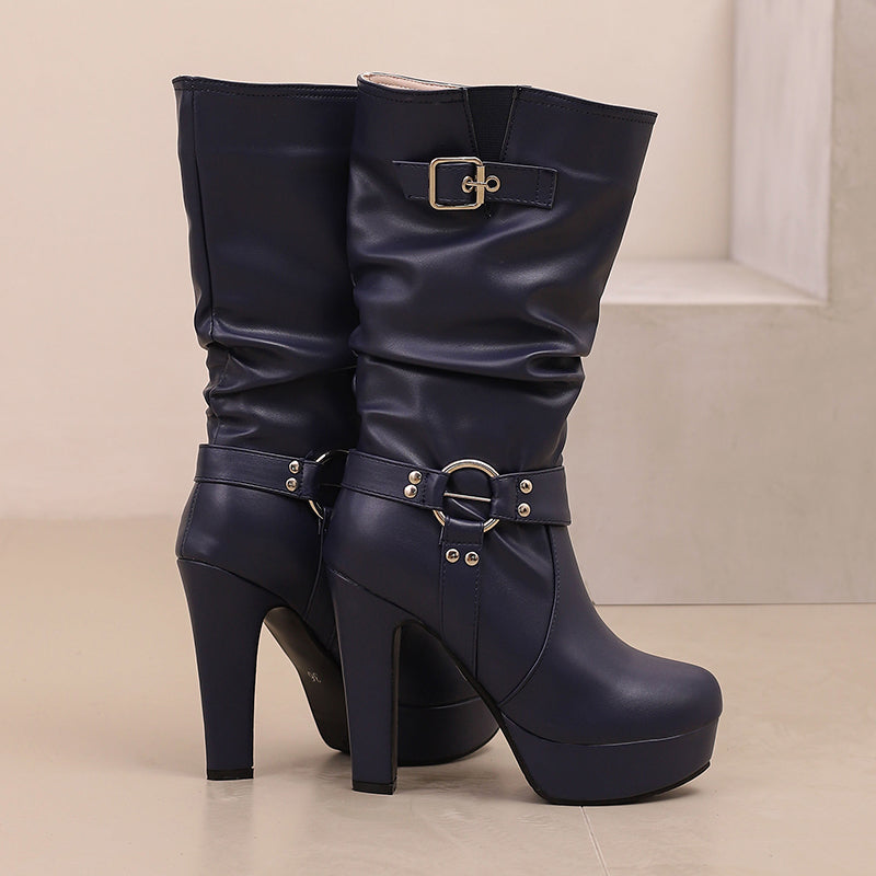 Womens Mid-Calf Round Toe Chunky High Heel Pull On Boots Plus Size Shoes
