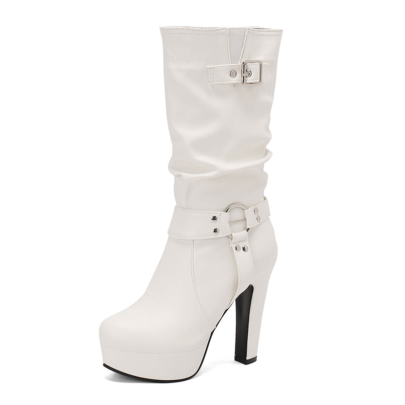 Womens Mid-Calf Round Toe Chunky High Heel Pull On Boots Plus Size Shoes