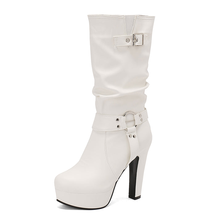 Womens Mid-Calf Round Toe Chunky High Heel Pull On Boots Plus Size Shoes