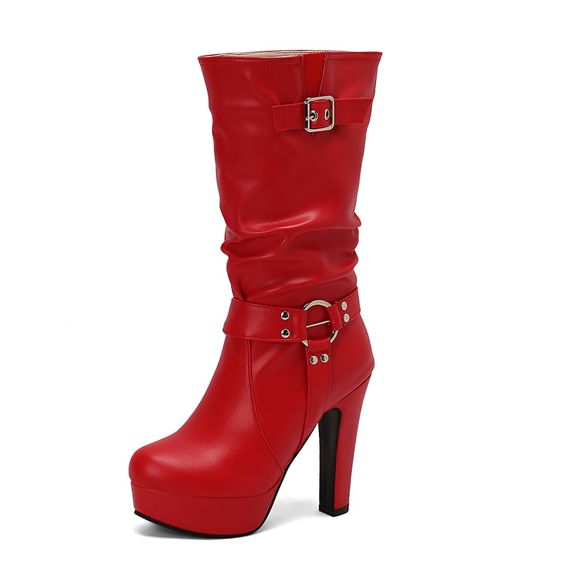 Womens Mid-Calf Round Toe Chunky High Heel Pull On Boots Plus Size Shoes