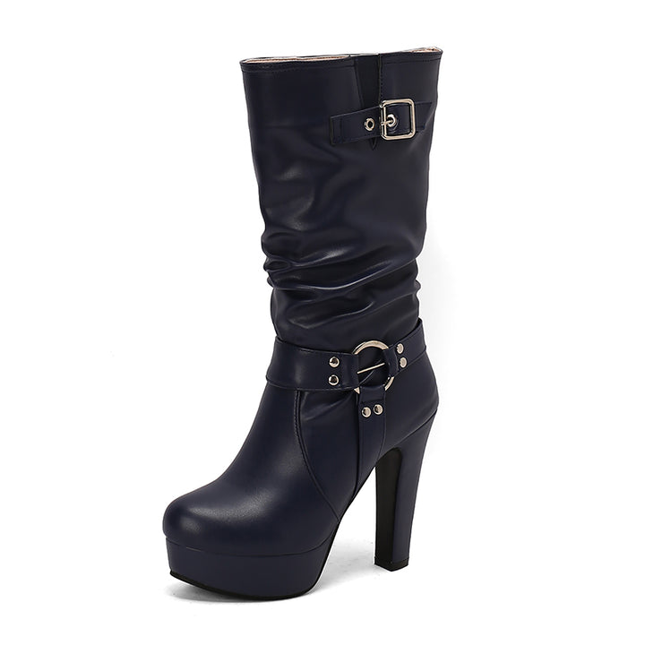 Womens Mid-Calf Round Toe Chunky High Heel Pull On Boots Plus Size Shoes