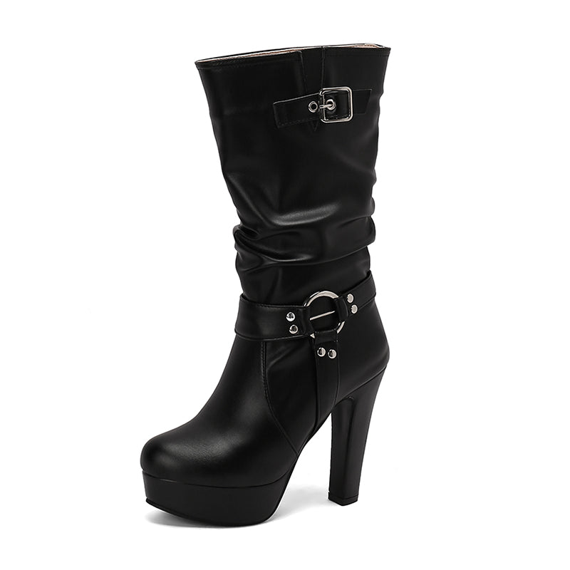 Womens Mid-Calf Round Toe Chunky High Heel Pull On Boots Plus Size Shoes