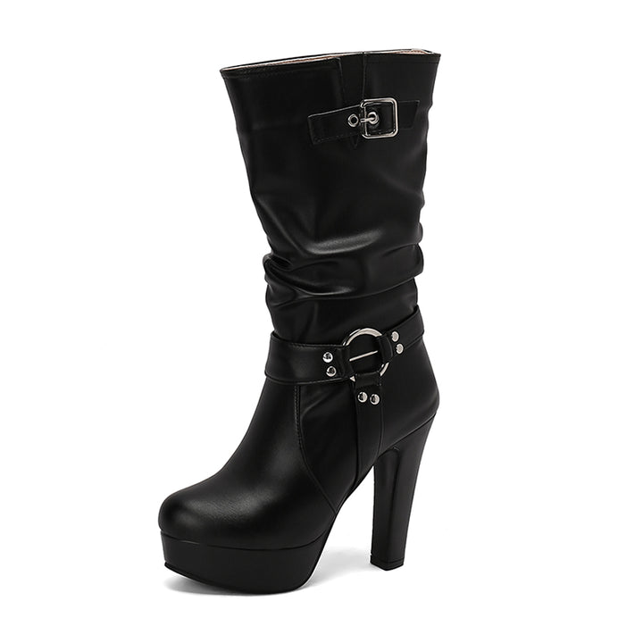 Womens Mid-Calf Round Toe Chunky High Heel Pull On Boots Plus Size Shoes