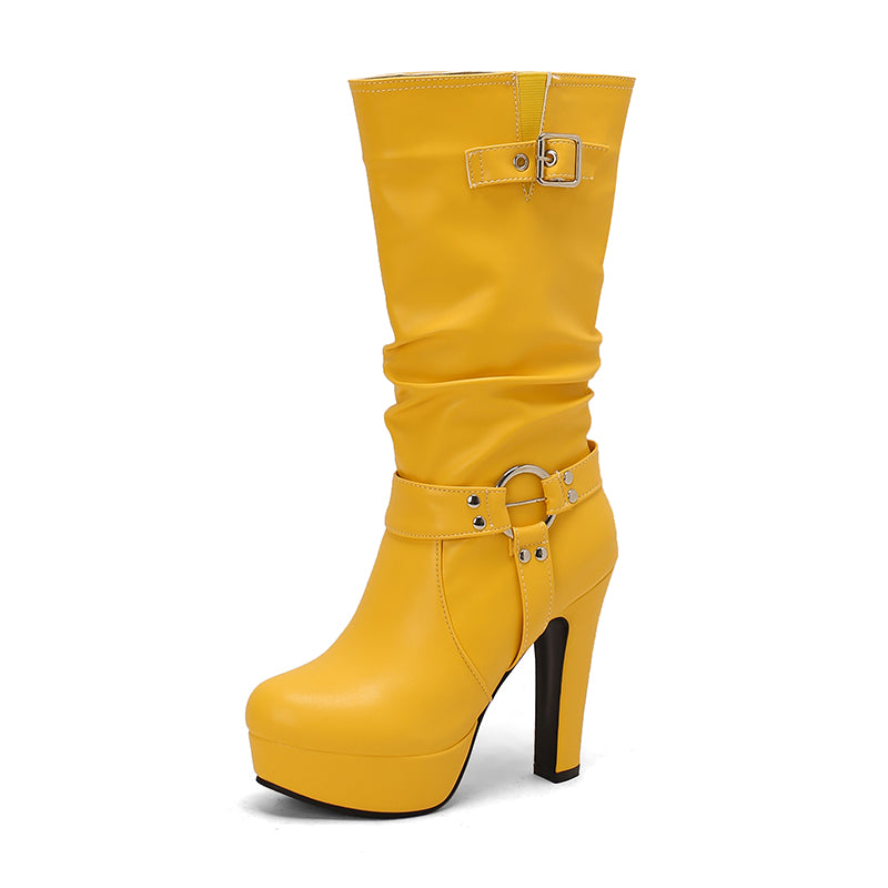 Womens Mid-Calf Round Toe Chunky High Heel Pull On Boots Plus Size Shoes