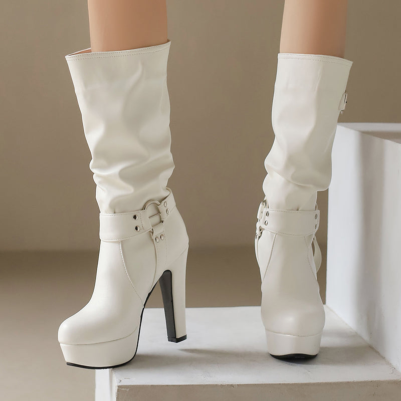 Womens Mid-Calf Round Toe Chunky High Heel Pull On Boots Plus Size Shoes
