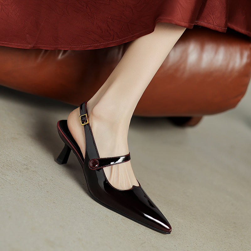 Summer Pointed Toe Patent Leather Slingback Stylish Kitten Heel Sandals
