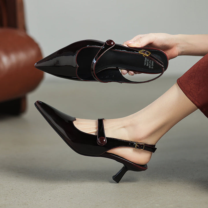 Summer Pointed Toe Patent Leather Slingback Stylish Kitten Heel Sandals