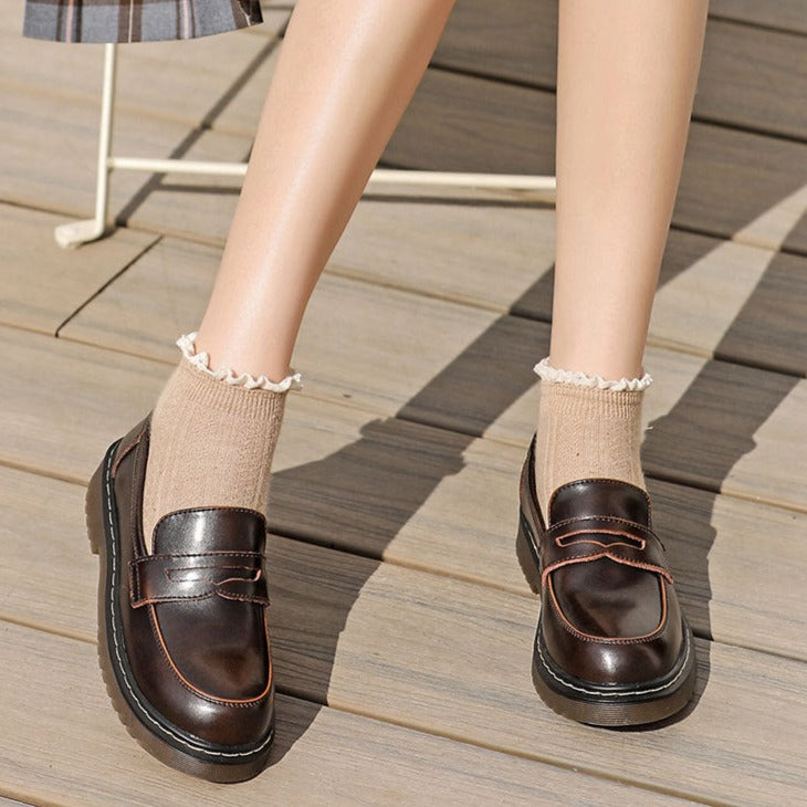 Women's Loafers Leather Student Shoes Girls Round Toe Shoes