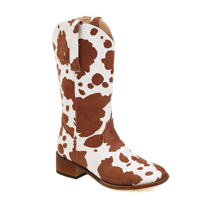 Women Mid Calf Cowboy Boots Chunky Heel Half Boots Cow Print Western Boots