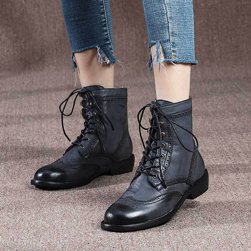 Handmade Womens's Leather Ankle Lace Up Carving Brogue Boots