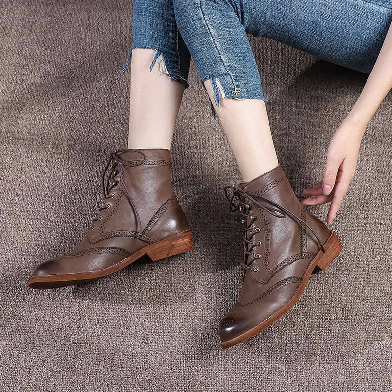 Handmade Womens's Leather Ankle Lace Up Carving Brogue Boots