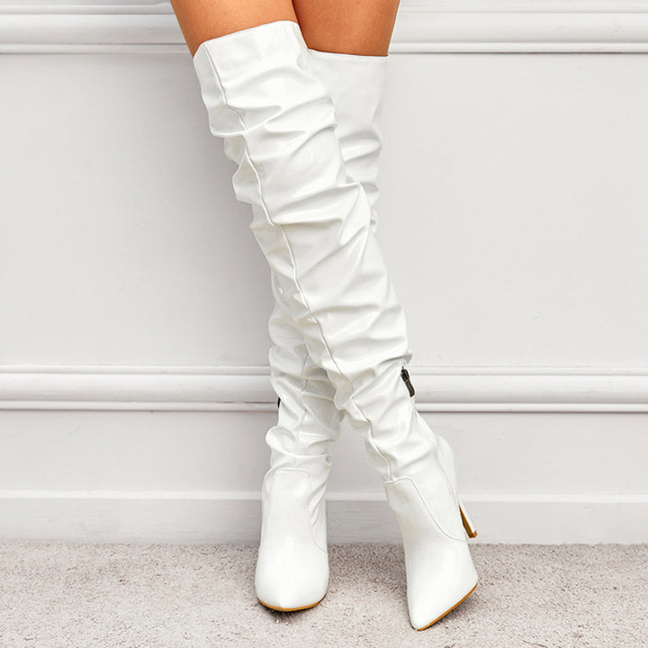 Women Wrinkles Patent Leather Thigh High Boots Pointed Toe Over The Knee High Boots