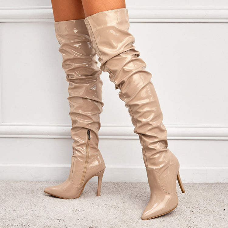 Women Wrinkles Patent Leather Thigh High Boots Pointed Toe Over The Knee High Boots