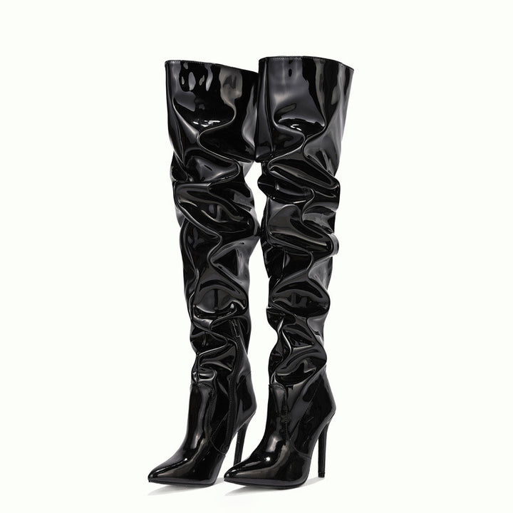 Women Wrinkles Patent Leather Thigh High Boots Pointed Toe Over The Knee High Boots