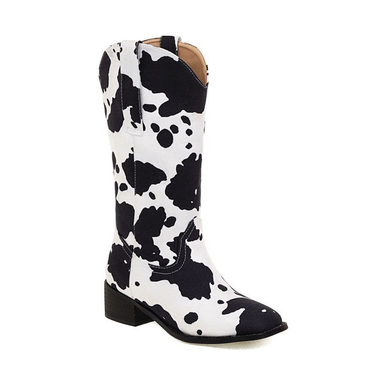 Women Mid Calf Cowboy Boots Chunky Heel Half Boots Cow Print Western Boots
