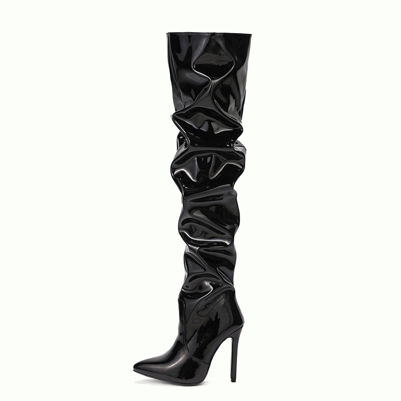 Women Wrinkles Patent Leather Thigh High Boots Pointed Toe Over The Knee High Boots