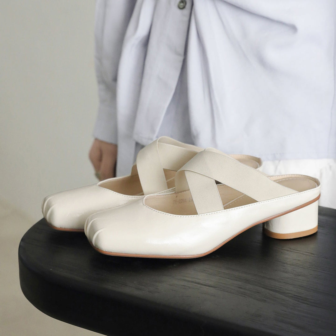 Handmade Sheepskin Cross Strap Mules - Women's Square Toe Mary Jane Block Heels