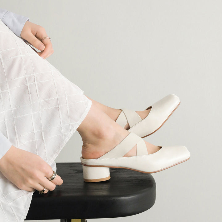 Handmade Sheepskin Cross Strap Mules - Women's Square Toe Mary Jane Block Heels