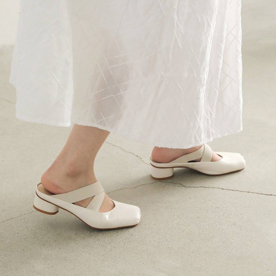 Handmade Sheepskin Cross Strap Mules - Women's Square Toe Mary Jane Block Heels