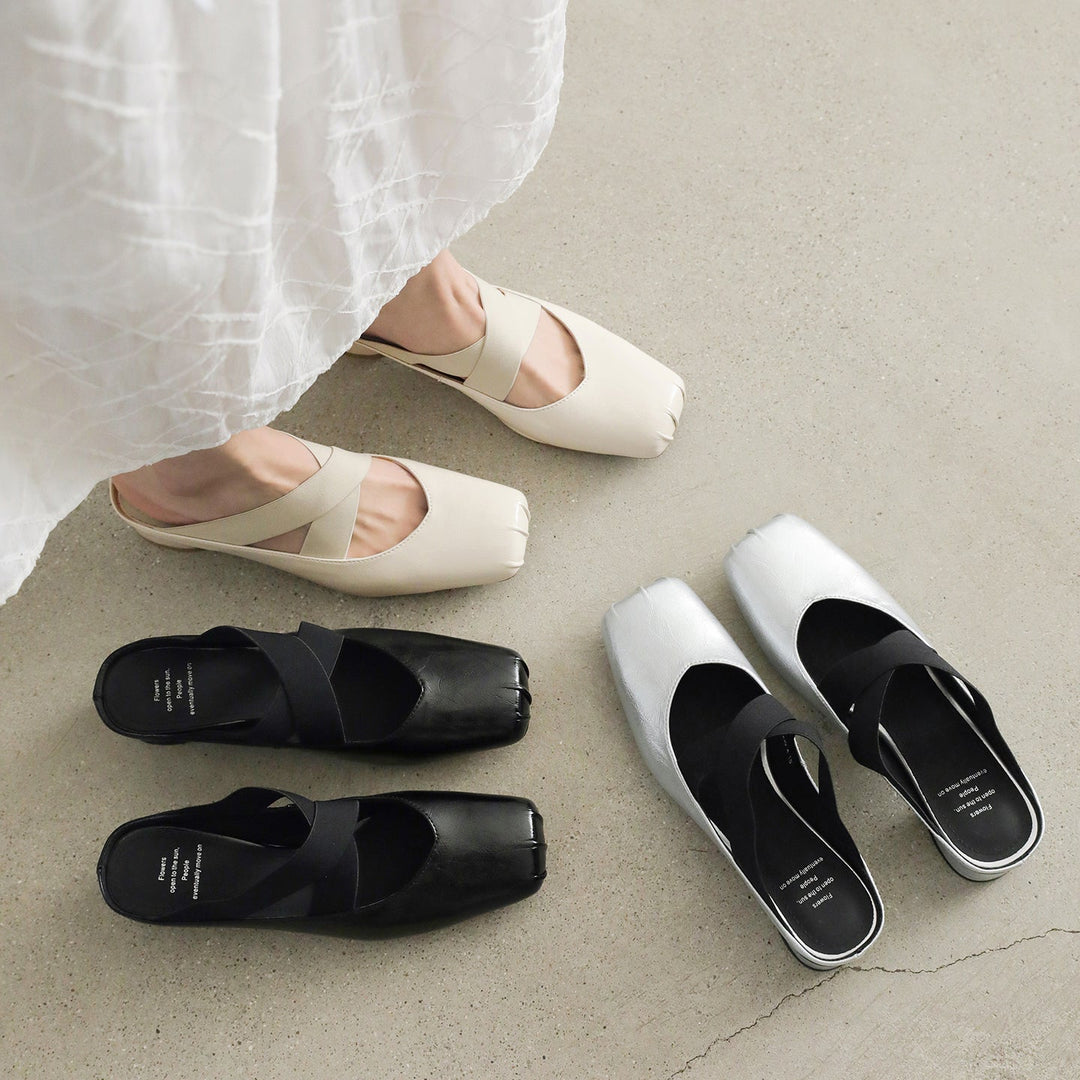 Handmade Sheepskin Cross Strap Mules - Women's Square Toe Mary Jane Block Heels