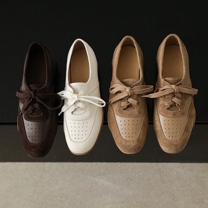 Women's Retro Patchwork Sneakers Vintage Round Toe Perforated Lace-up Flats