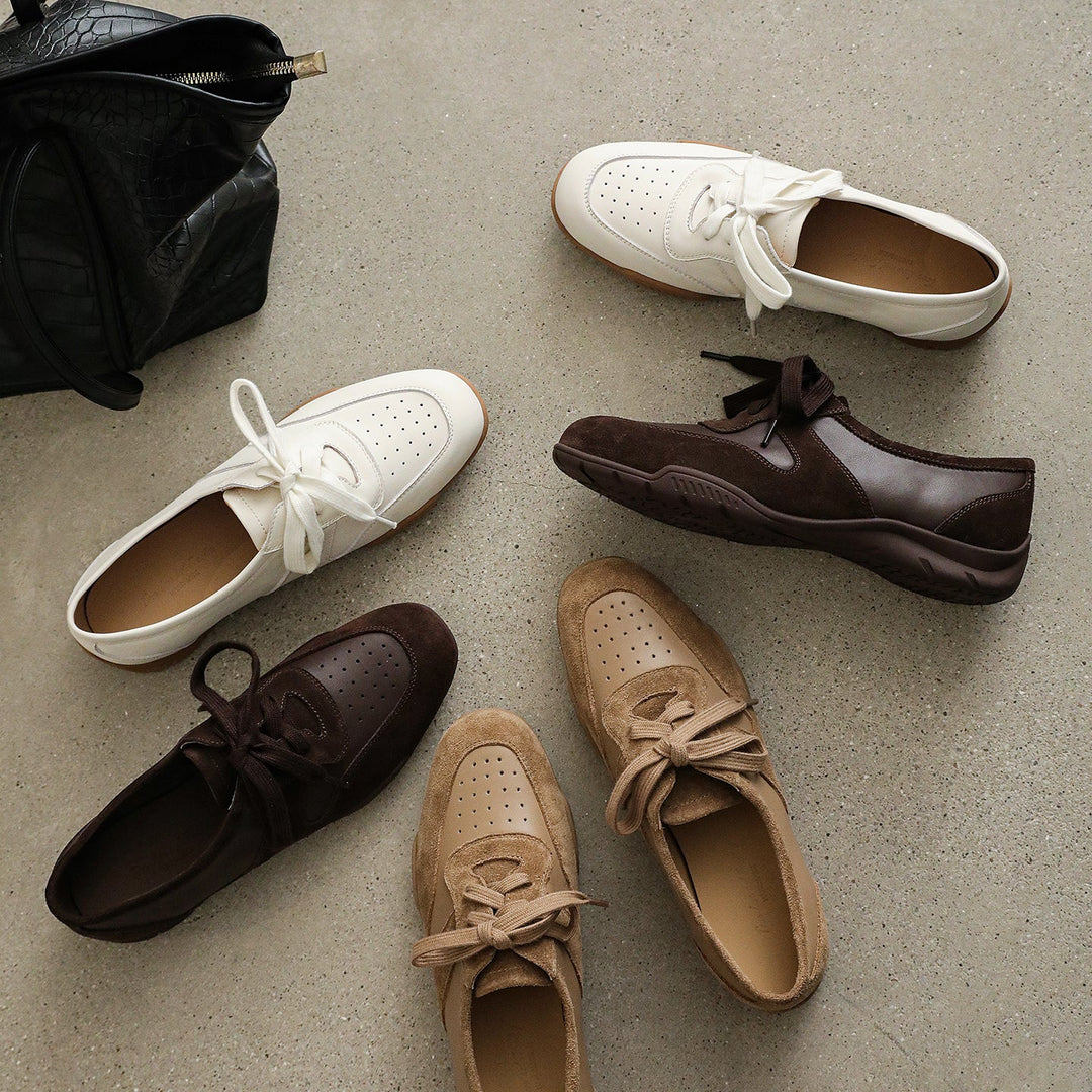 Women's Retro Patchwork Sneakers Vintage Round Toe Perforated Lace-up Flats