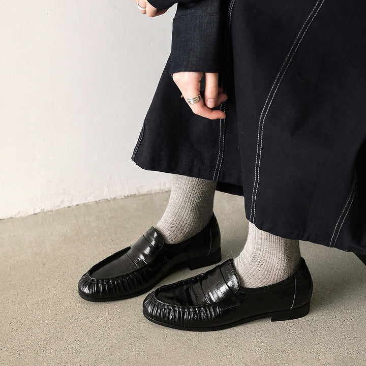 Women's Retro Cowhide Loafers Vintage Round Toe Ruched Penny Slip-on Driving Flats
