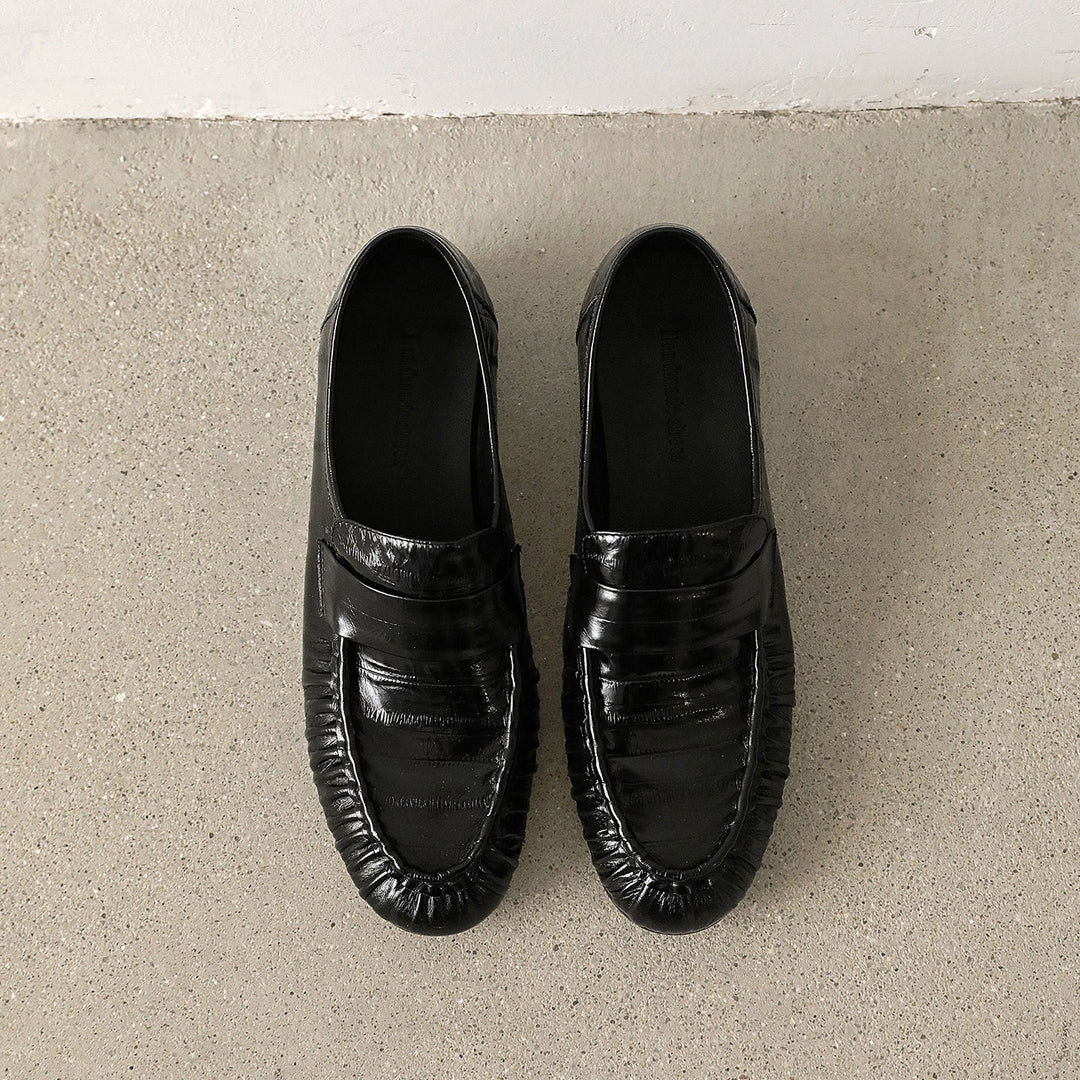 Women's Retro Cowhide Loafers Vintage Round Toe Ruched Penny Slip-on Driving Flats
