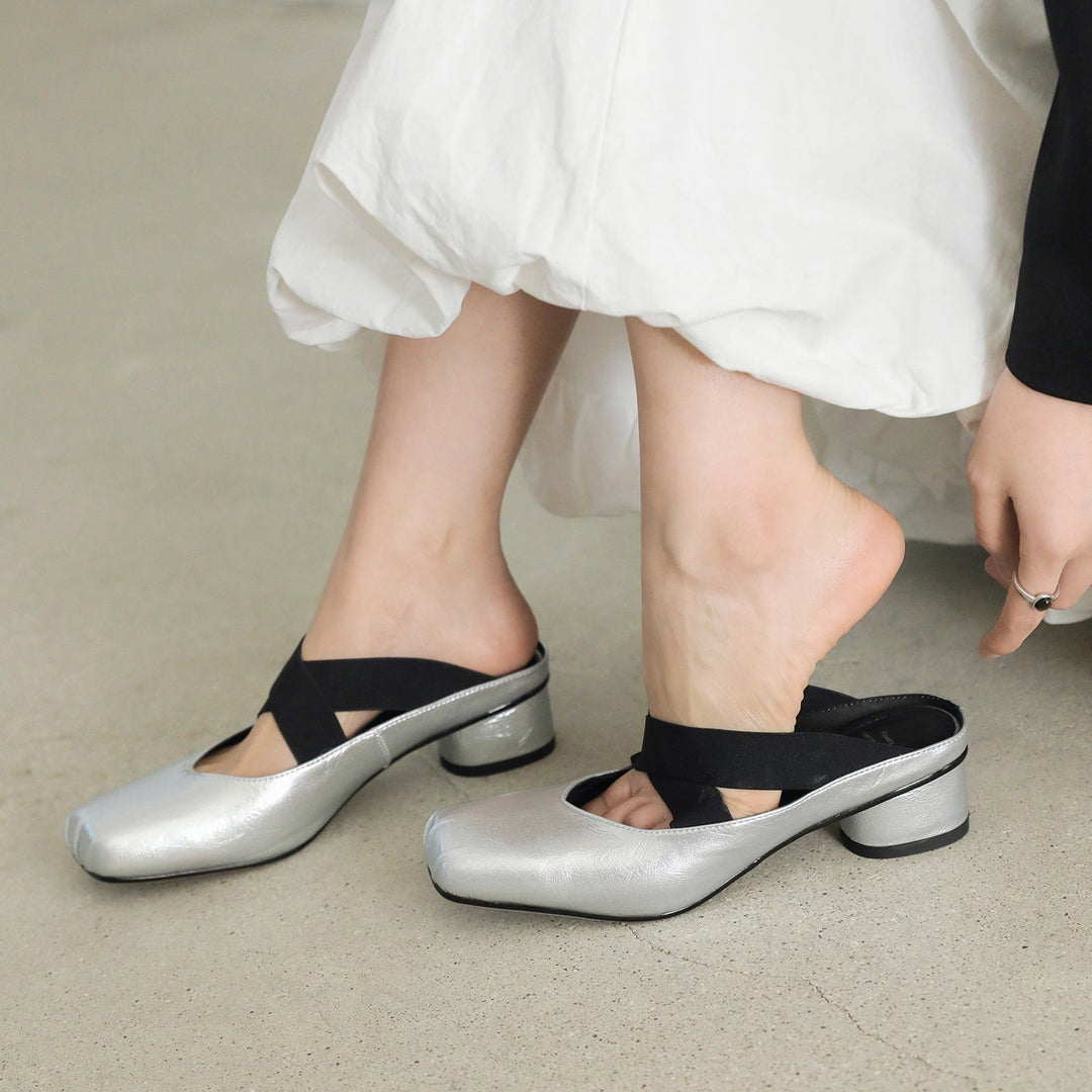 Handmade Sheepskin Cross Strap Mules - Women's Square Toe Mary Jane Block Heels