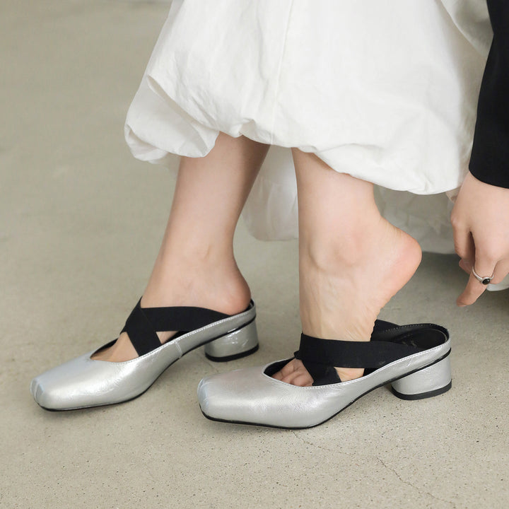 Handmade Sheepskin Cross Strap Mules - Women's Square Toe Mary Jane Block Heels