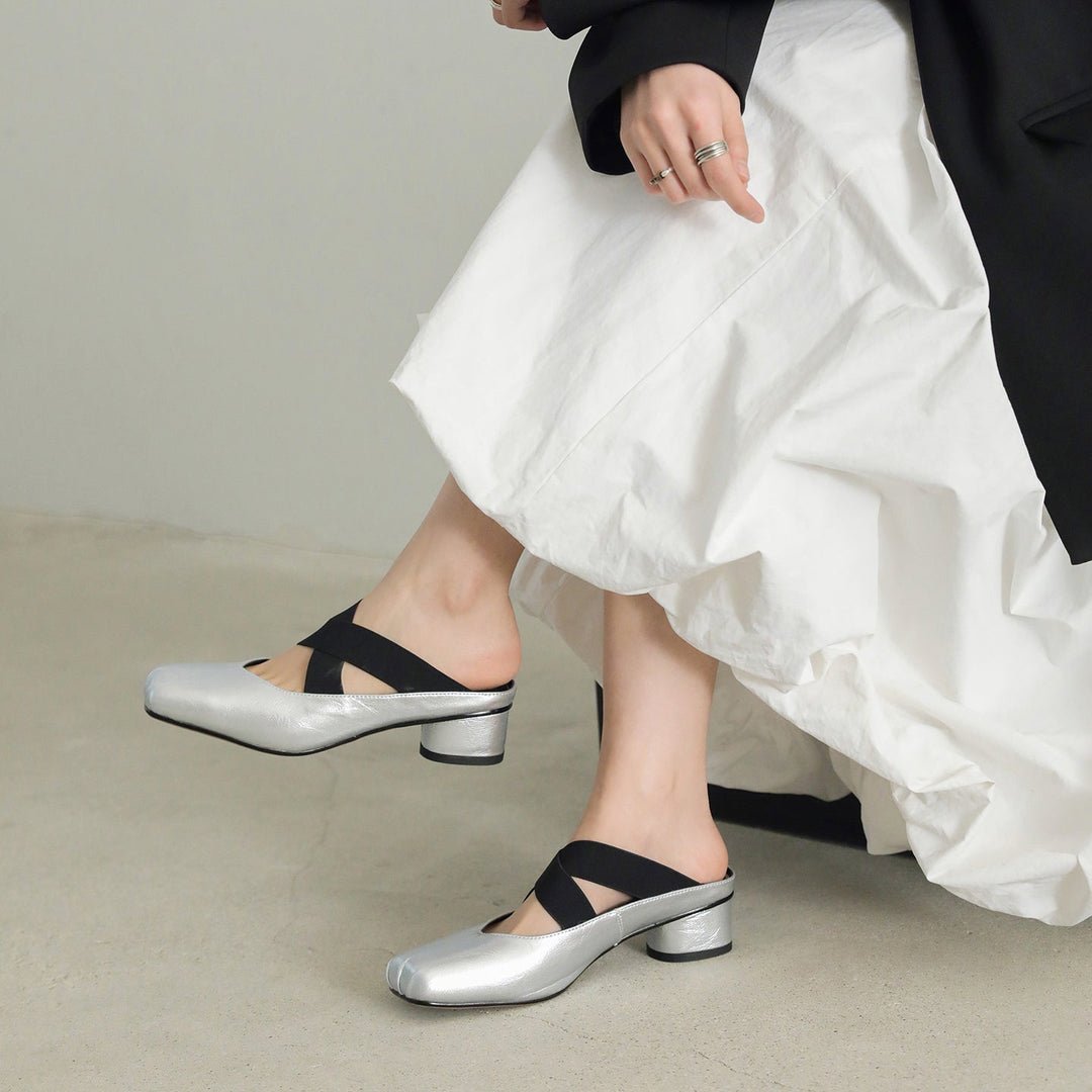 Handmade Sheepskin Cross Strap Mules - Women's Square Toe Mary Jane Block Heels