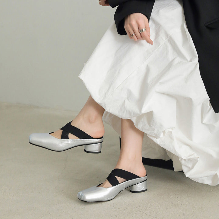 Handmade Sheepskin Cross Strap Mules - Women's Square Toe Mary Jane Block Heels