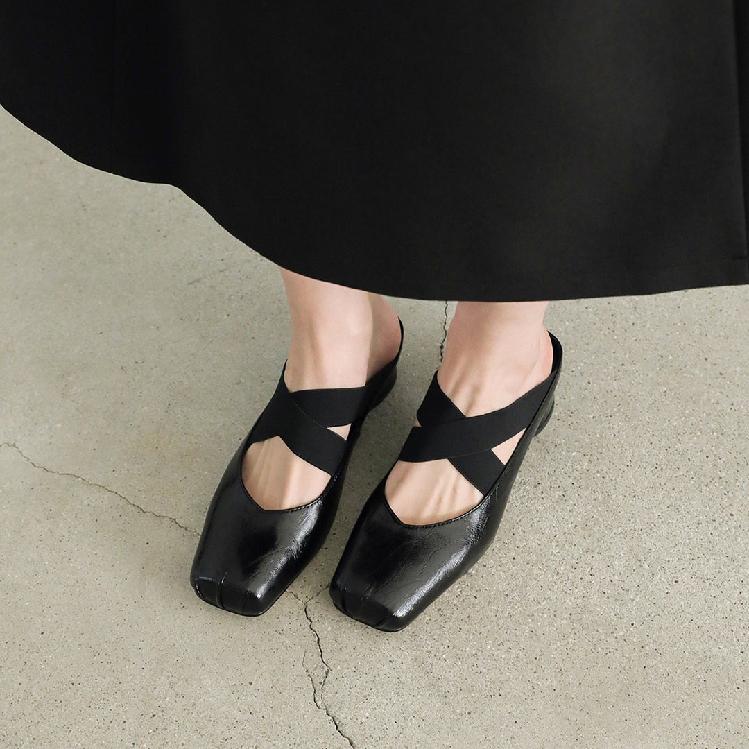 Handmade Sheepskin Cross Strap Mules - Women's Square Toe Mary Jane Block Heels