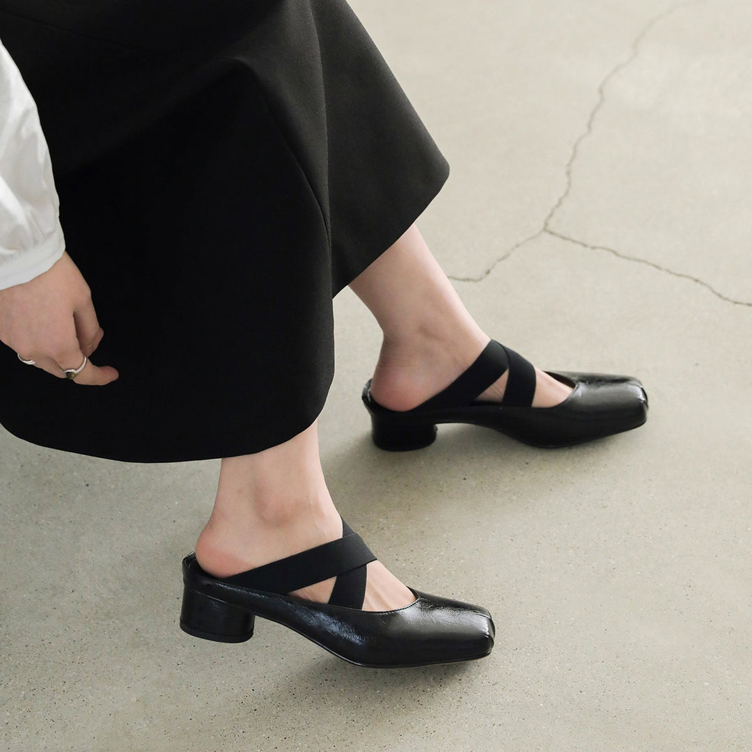 Handmade Sheepskin Cross Strap Mules - Women's Square Toe Mary Jane Block Heels